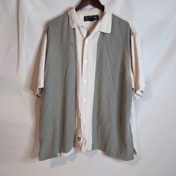 Nat Nast Men's Green/Off-White Short Sleeve Button Up Shirt 100% Silk Luxury, XL - Picture 1 of 9